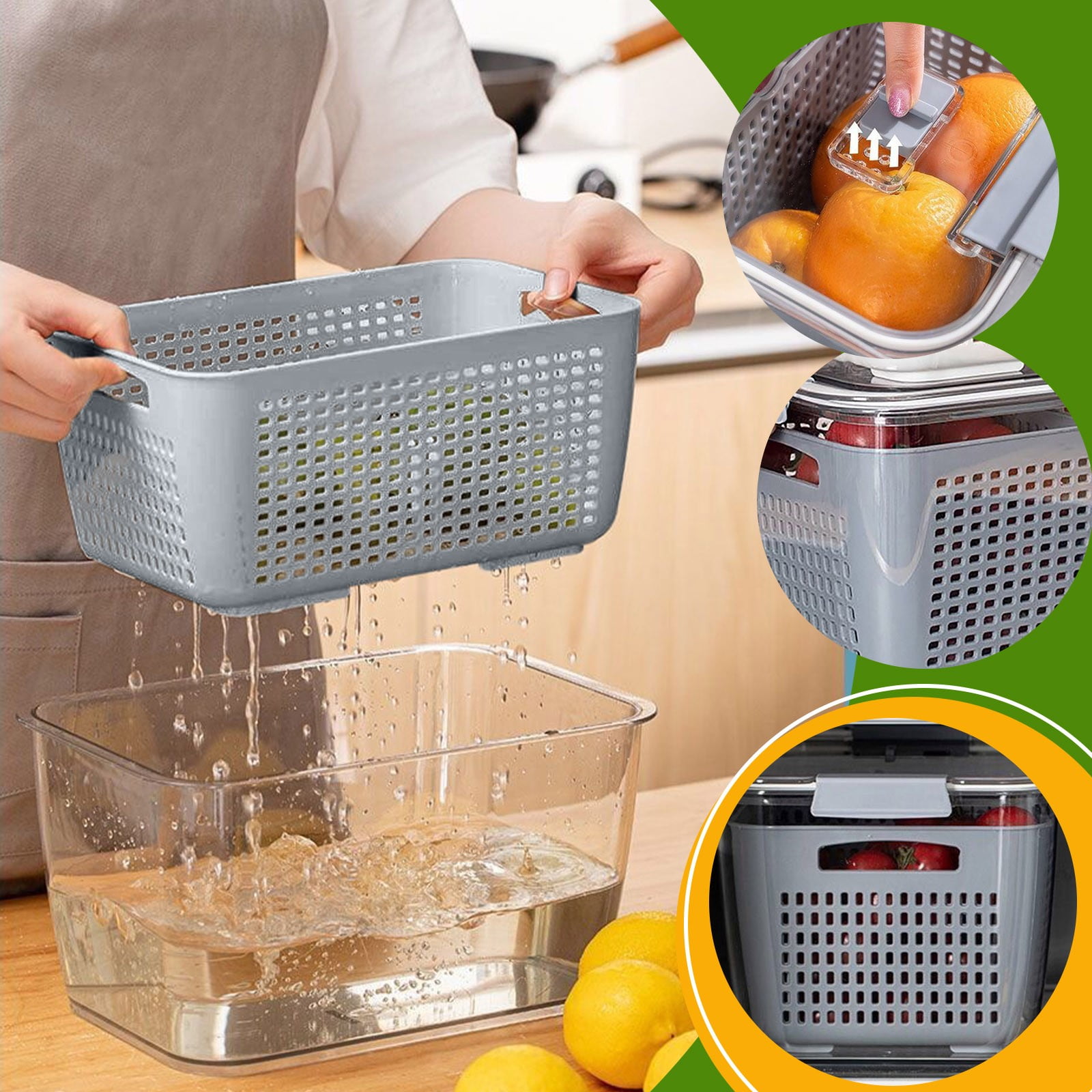 Wovilon Baskets Fruit Vegetable Storage Containers For Fridge Draining Fresh Containers 3 In 1 Produce Storage Containers Large Organizer Bins With Lid Colander