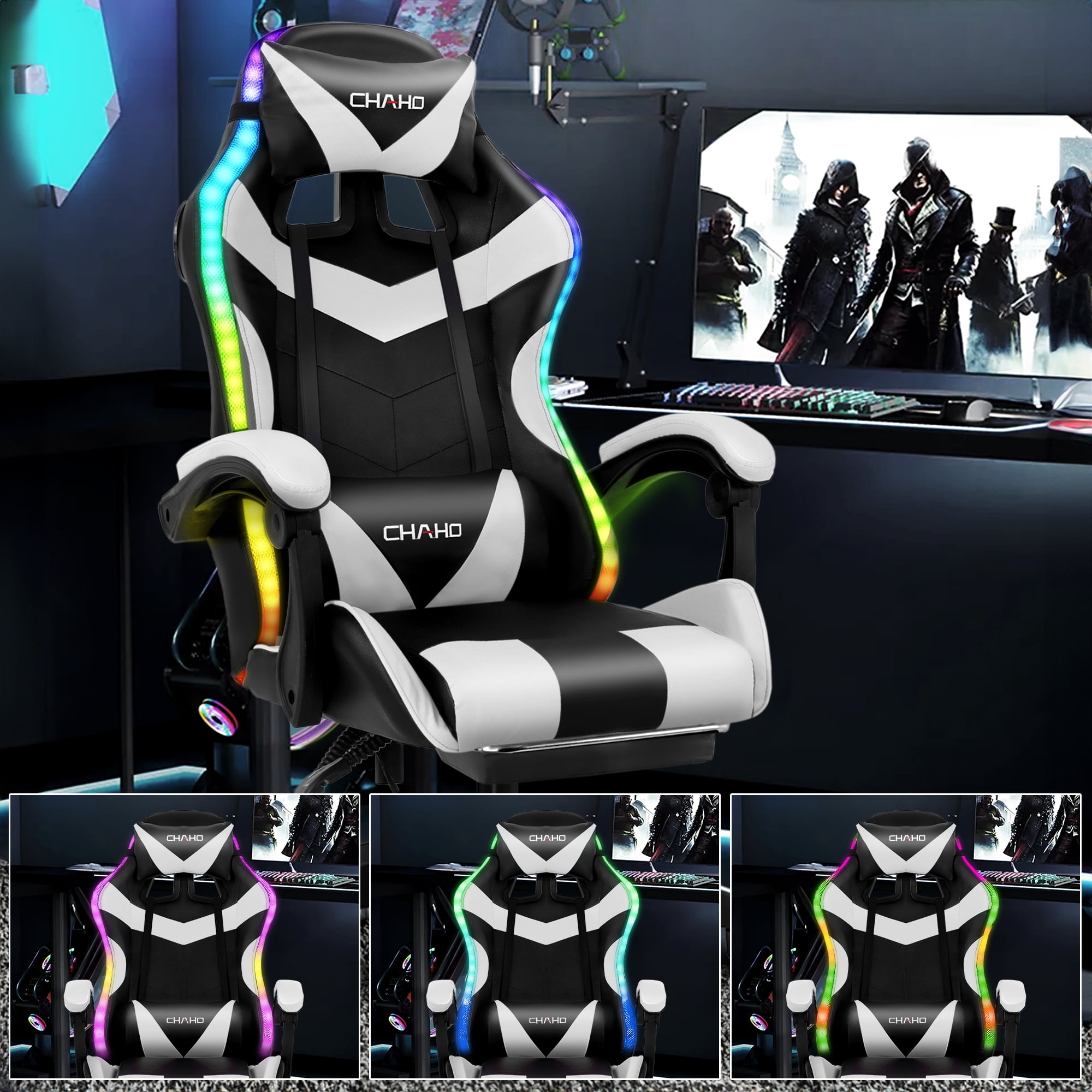 Ergonomic Gaming Chair, Brochao Gaming Chair with Speaker & LED Lights, Computer Racing Chair for Adults, PU Leather Office Chair with Footrest Lumbar Support Headrest, White with Light