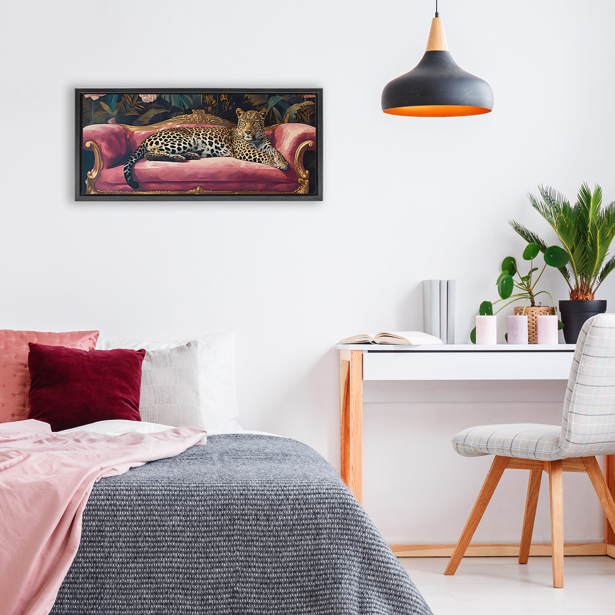 Stupell Industries Regal Relaxation Leopard on Pink Black Framed Floater Canvas Wall Art, design by Creative Studio