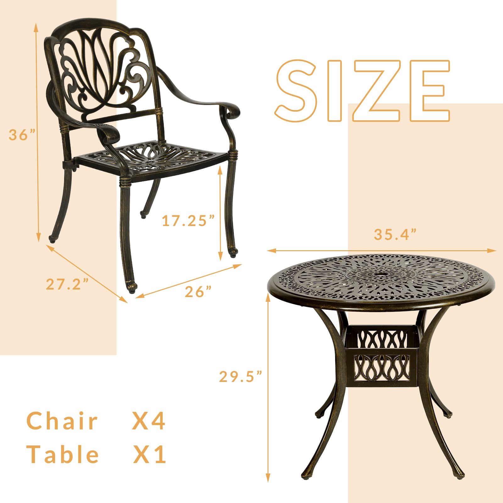 W WARMHOL 5-Piece Outdoor Patio Dining Set, All-Weather Cast Aluminum Patio Furniture Set for Backyard Garden Deck with 4 Chairs and 35.4” Round Table, 2.2" Umbrella Hole