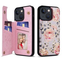 Allytech iPhone 13 Case with Card Holder, Stylish Flower with Glitter Bling Rhinestone Stand Shockproof Slim Fit Bumper Wallet Case for Apple iPhone 13 - Flower