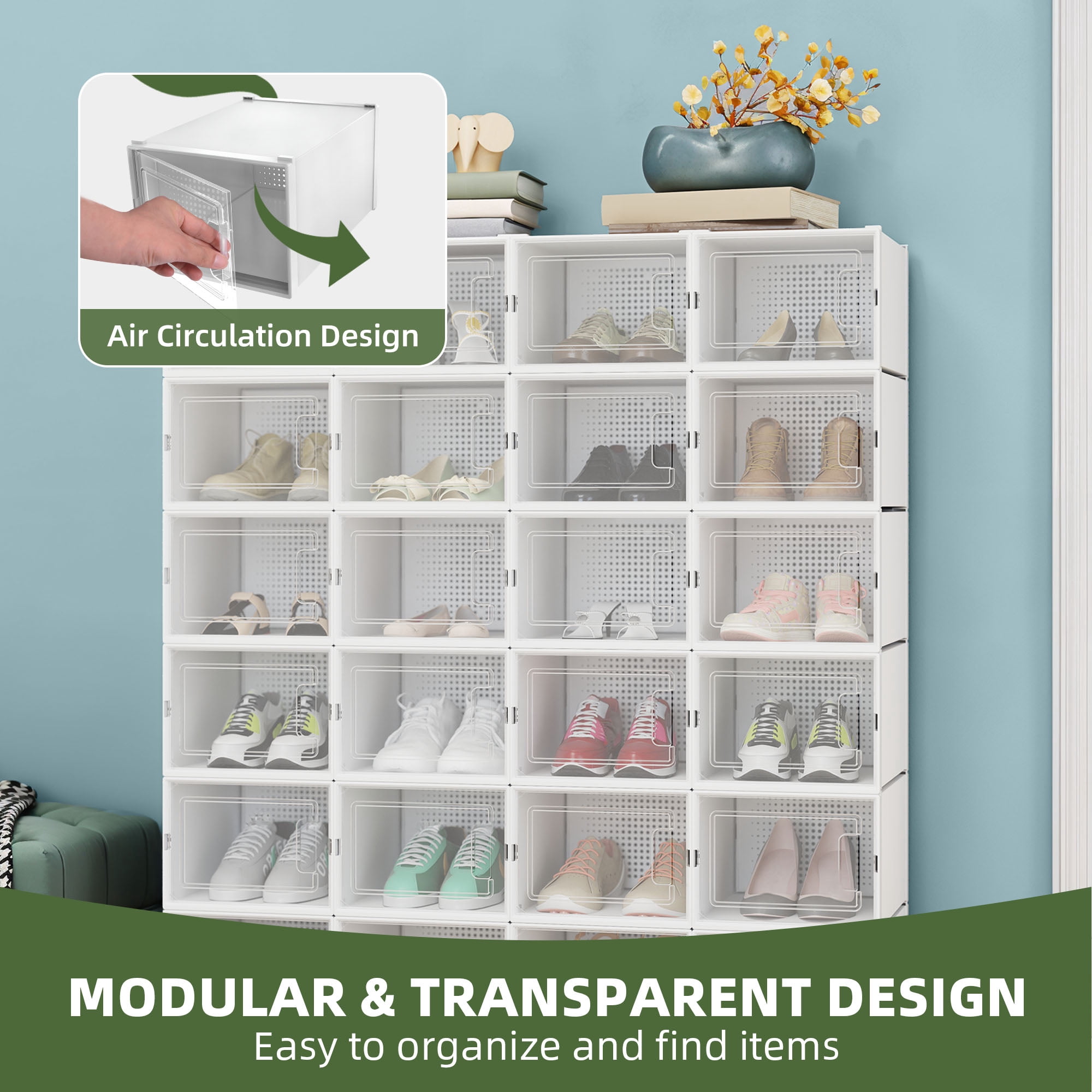 Uforic XL Shoe Storage Box, 18 Pack Stackable Clear Plastic Shoe Organizer Box with Lids,for Entryway Hallway, White