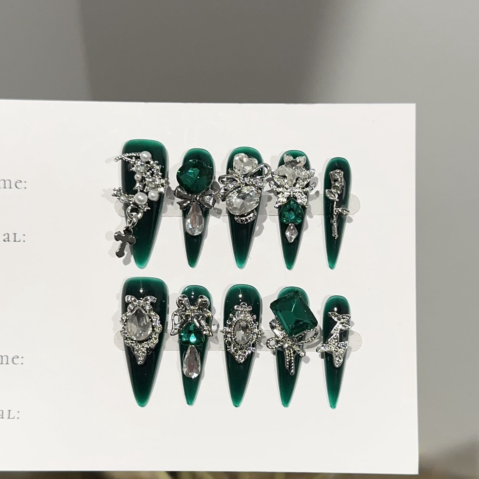 Purely handmade wearing nail advanced sense dark green long pointed nail art piece temperament European and American heavy industry fake nail patch wholesale