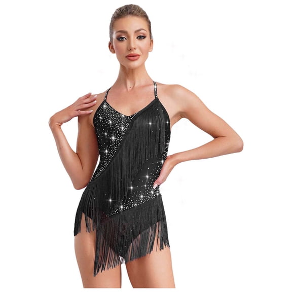 Hansber Women's Tassels Tango Salsa Ballroom Latin Dance Dress Halter Neck Backless Fringe Leotard Dancewear Black S