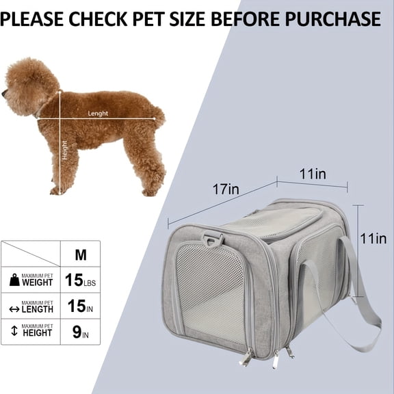 Airline-Approved Foldable Pet Carrier - Soft Polyester for Small/Medium Dogs & Cats (15 lbs), Mesh Ventilation, Zipper Closure, Ergonomic Handles & Side Pockets, Random Zipper Color