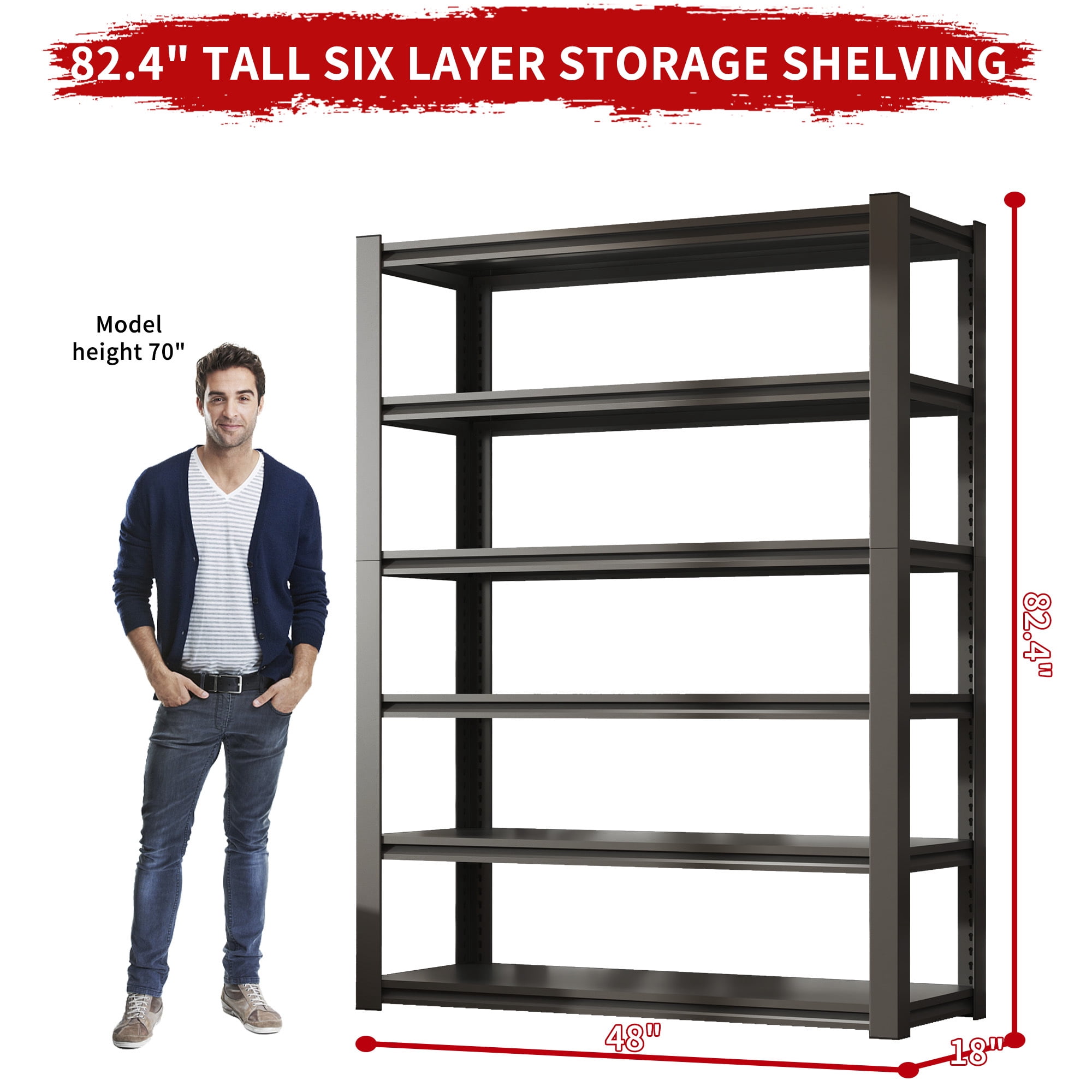 Alvantor 82"H Metal Storage Shelving 6-Tier 2400LBS Adjustable Heavy Duty Shelving Industrial Shelf for Garage 48"W x 18"D x 82"H Black