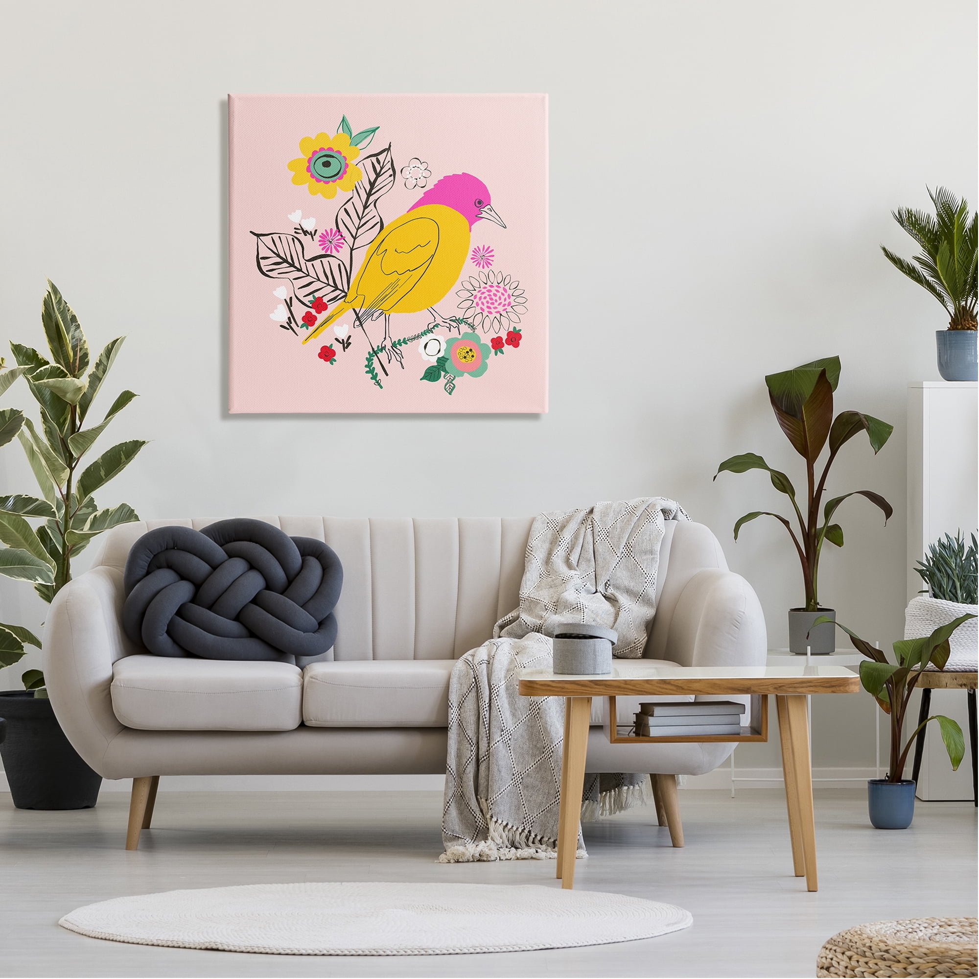 Stupell Industries Pink & Yellow Floral Bird Animals & Insects Painting Gallery Wrapped Canvas Art Print Wall Art, 30 x 30