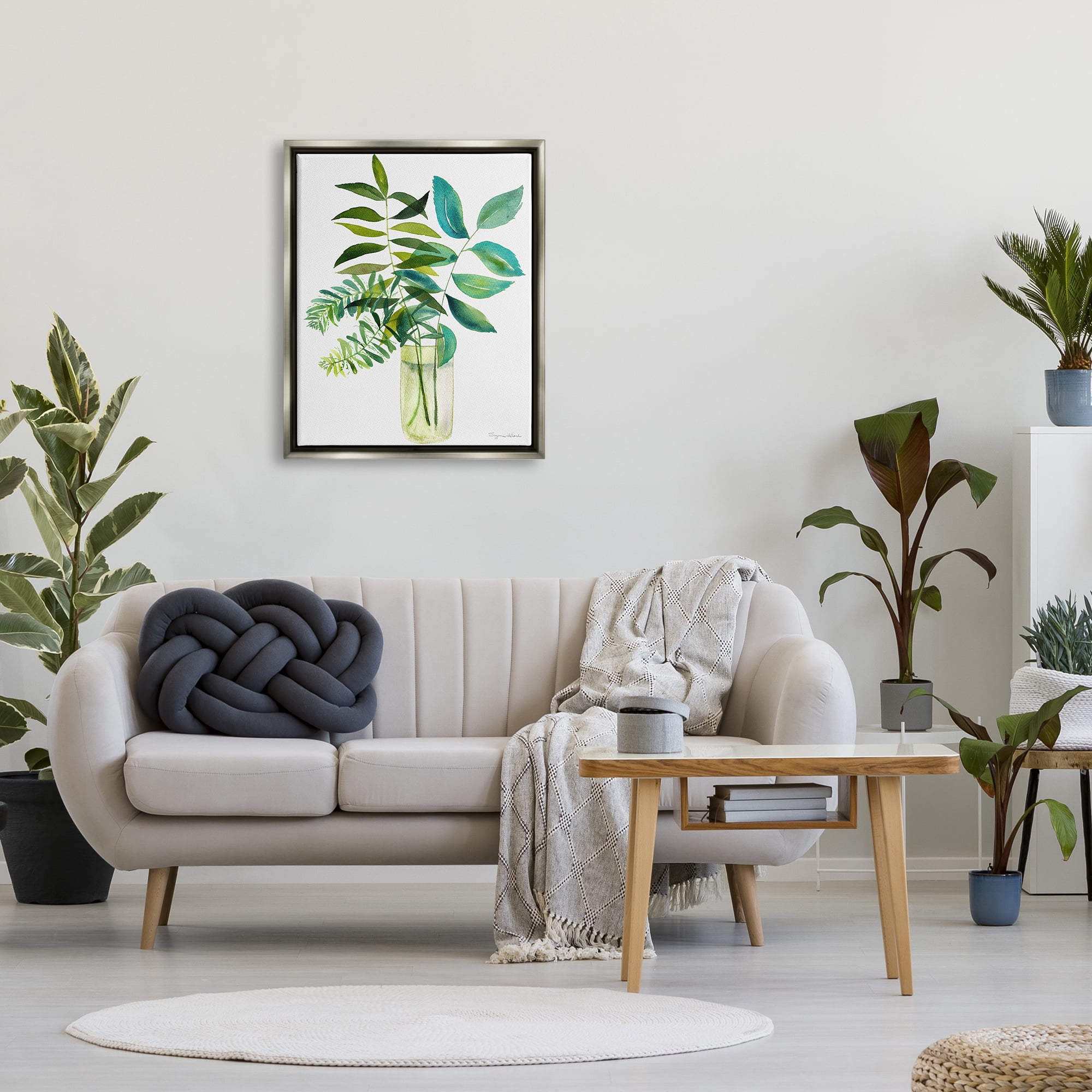 Stupell Industries Simple Green Leaf Sprigs Vase Botanical & Floral Painting Gray Floater Framed Art Print Wall Art