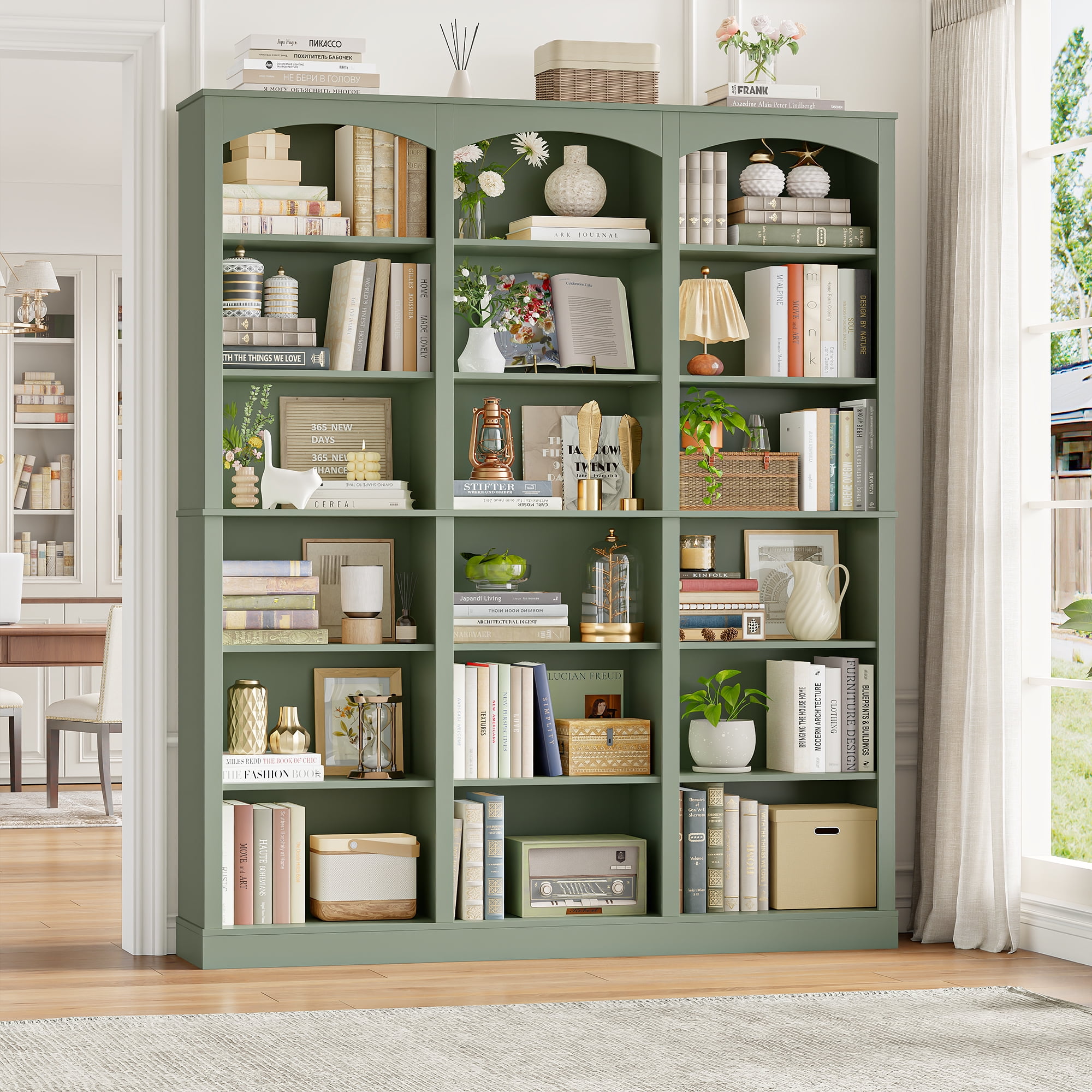 Homfa 18-Cube Bookcase and Bookshelves, 71.2" Triple Width 6-Tier Freestanding Arch Library Cabinet for Home Office Living Room, Green