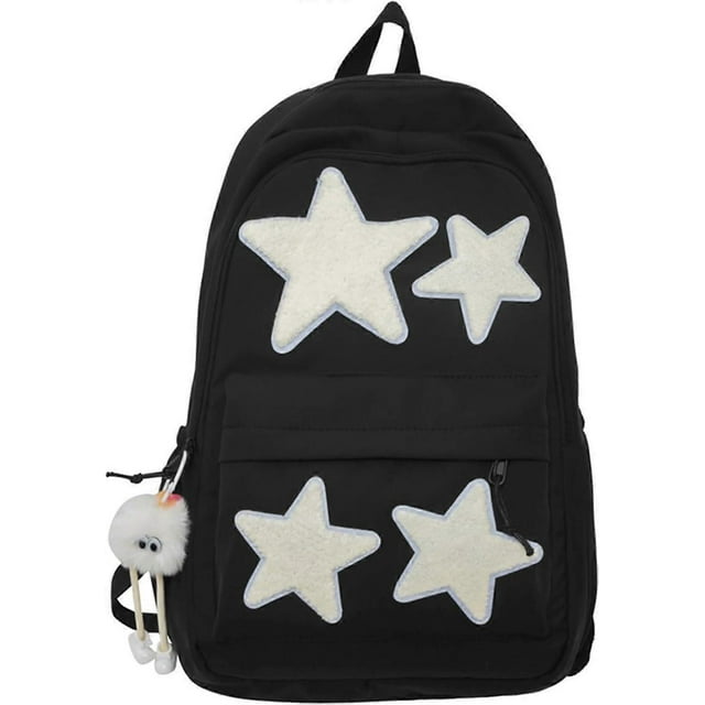 Kawaii Backpack with Cute Accessory Stars Y2K Aesthetic Backpack with Plush Pendant Backpack 10-12 Backpack, Black//White, Casual