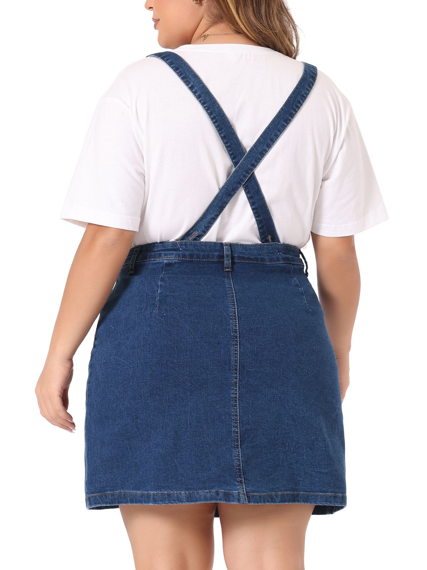 DARING DIVA Women's Plus Size Suspender Adjustable Strap Denim A-Line Dress 1X Dark Blue