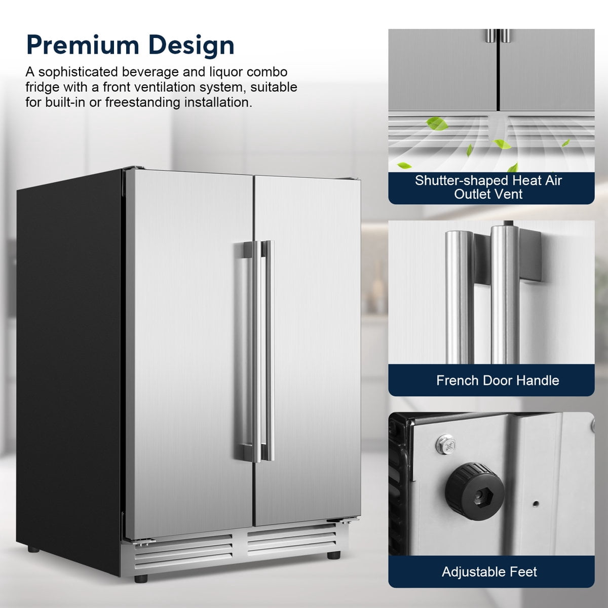 24" Silver Beverage Refrigerator with French Doors 150-Can Capacity, Built-in or Freestanding Beer and Drink Cooler