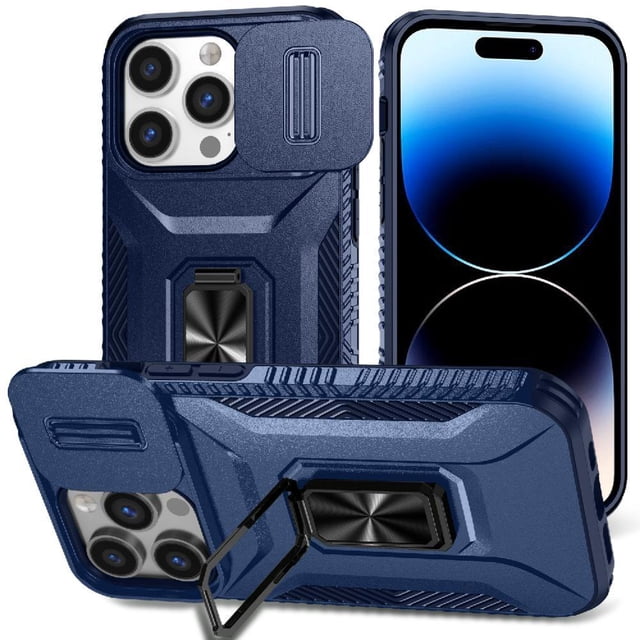 Heavy Duty Armor Case for iPhone 14 Pro with Slide Camera Cover & Magnetic Ring Stand Blue