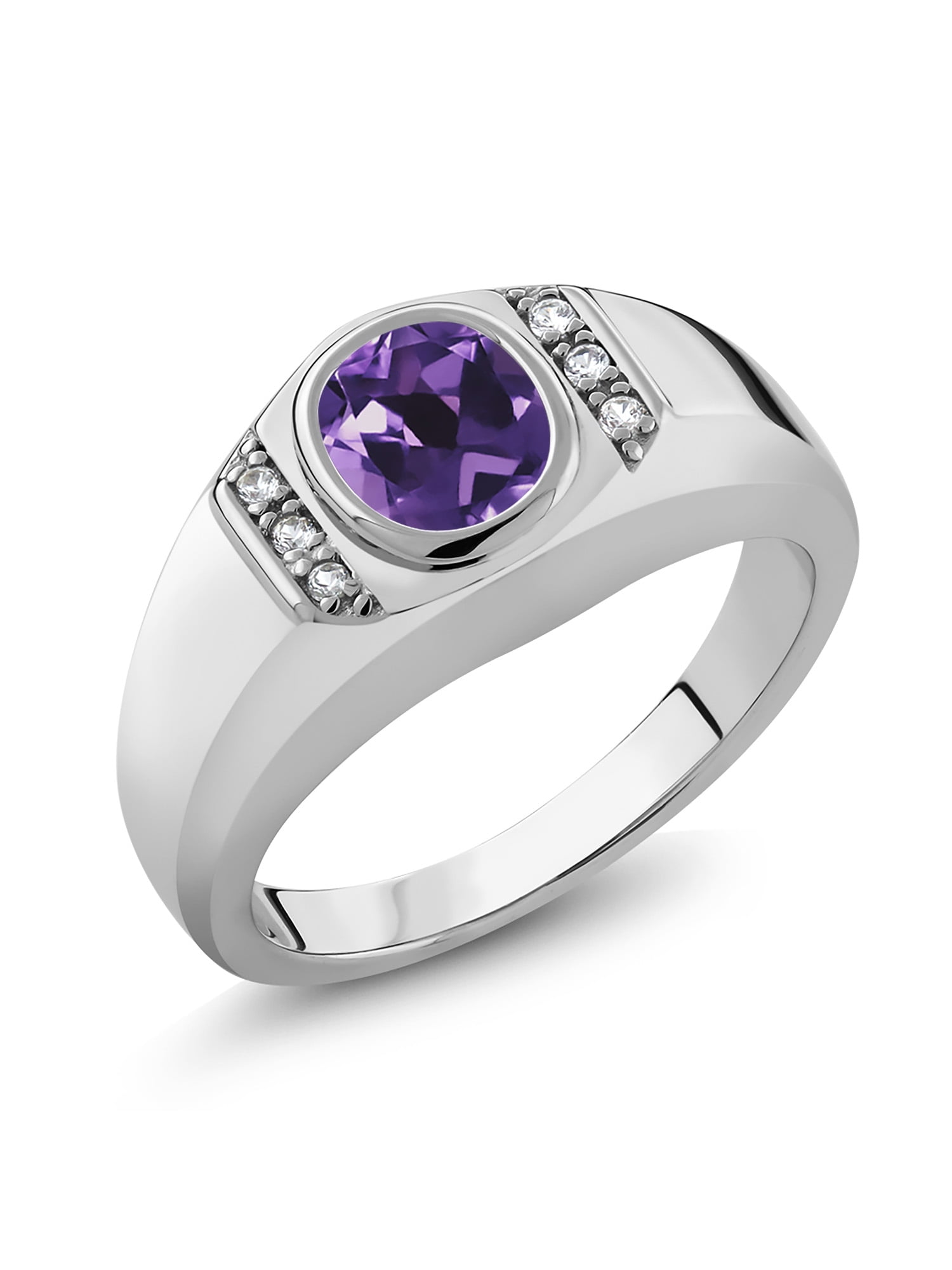 Gem Stone King Men's 925 Sterling Silver Purple Amethyst and White Created Sapphire Ring (1.06 Ct Oval, Available in Size 7, 8, 9, 10, 11, 12, 13)