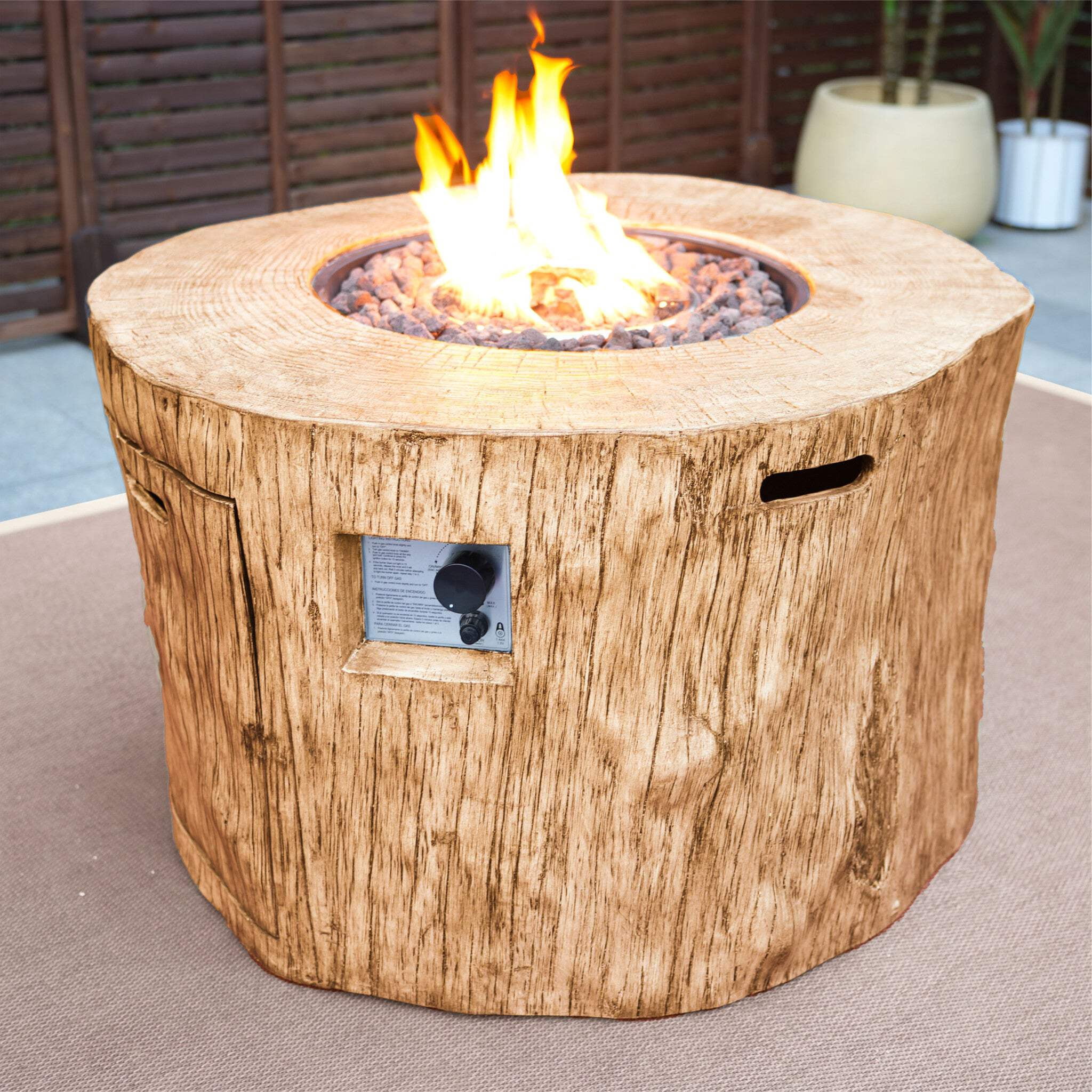 HomeRoots 535176 24 x 37 x 40 in. Brown Faux Wood Stump Propane Round Fire Pit with Cover