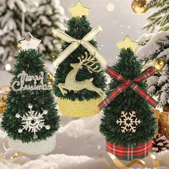 KOYPTL 3 Pcs Mini Christmas Table Tree Decorations,Artificial Christmas Tree with Reindeer Snowflake Pattern,Chritsmas Ornament for Home Indoor Party Desktop Decor,Christmas Stocking Stuffers