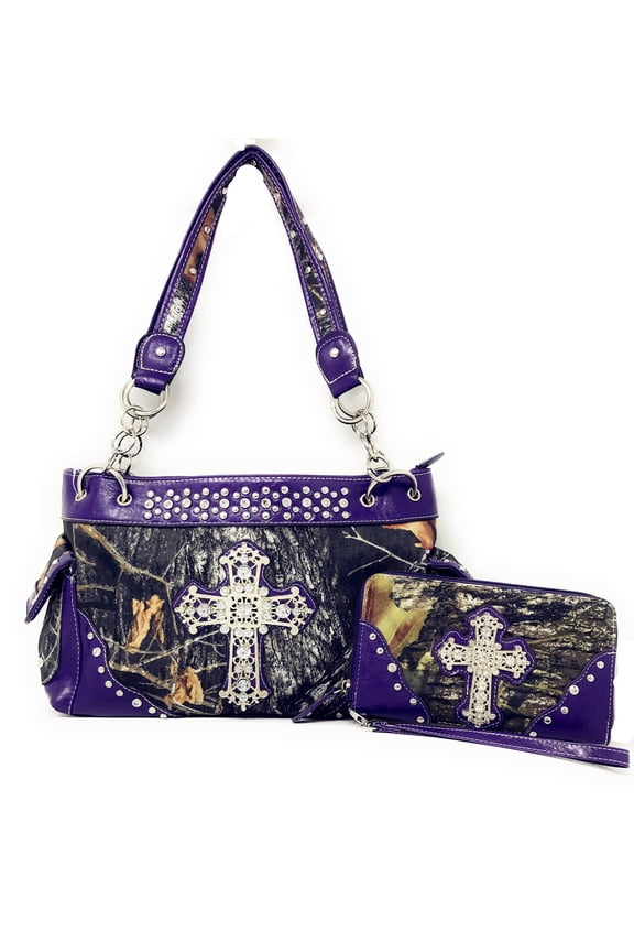 Premium Rhinestone Western Camouflage Cross Womens Shoulder Handbag Purse/Matching Wallet In Multi Colors
