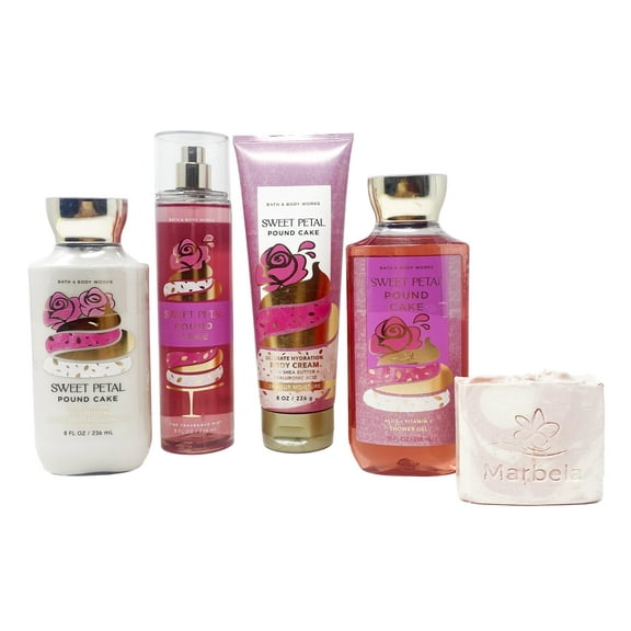 Bath & Body Works Sweet Petal Pound Cake - Deluxe Gift Set - Fine Fragrance Mist, Body Cream, Shower Gel and Body Lotion with a Himalayan Salts Springs Bar Soap.