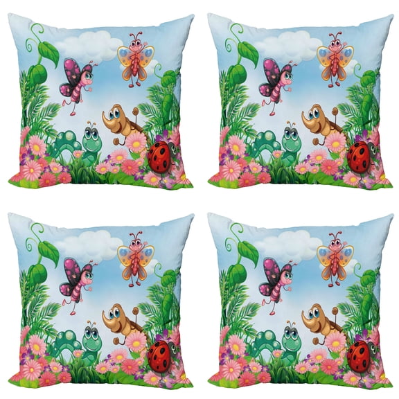 Ambesonne Garden Throw Pillow Cover 4 Pack, Butterfly Ladybug Worm, 20", Jade Green Fern Green