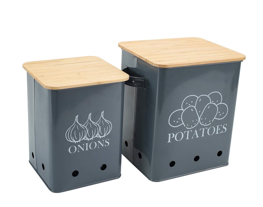 Pethiy Kitchen Vegetable Storage Tins Set of 2 for Potatoes, Onion, Garlic Bin Caddy with Aerating Tin Storage Holes & Wood Lid,7.4L+4.5L,Gray