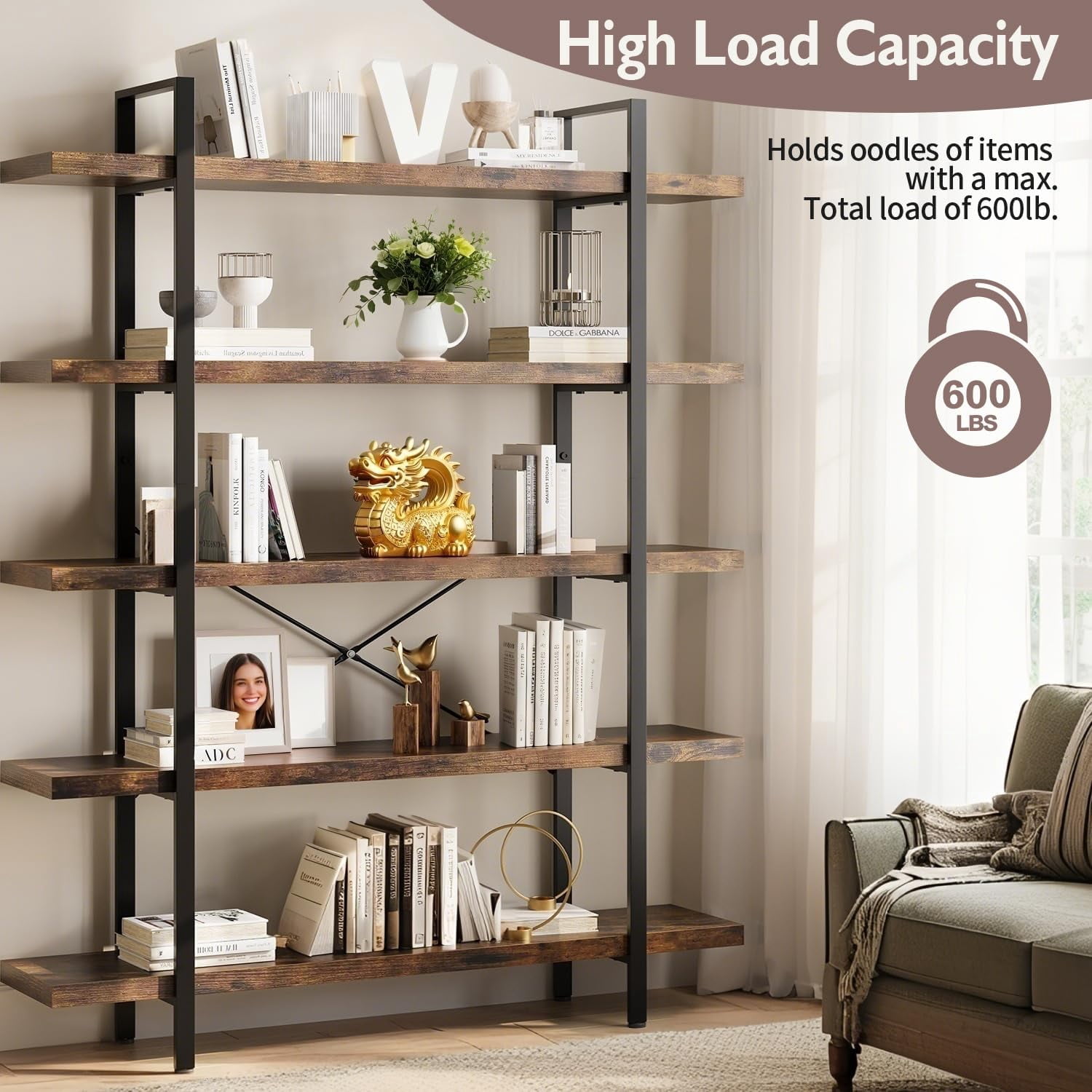 5-Tier Industrial Bookcase, 47 Inch Wide Wood Bookshelf, 120lbs Shelf Capacity, Rustic Open Shelving Heavy Duty Display with Reinforced Horizontal Brown Shelves for Living Room Bedroom Office