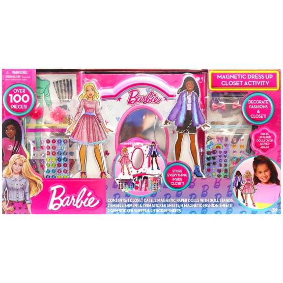 Barbie: Magnetic Dress Up Closet Activity - Fashion Design Playset, Mix & Match Accessories, Decorate & Display, Pink Closet Storage Case, Kids 3