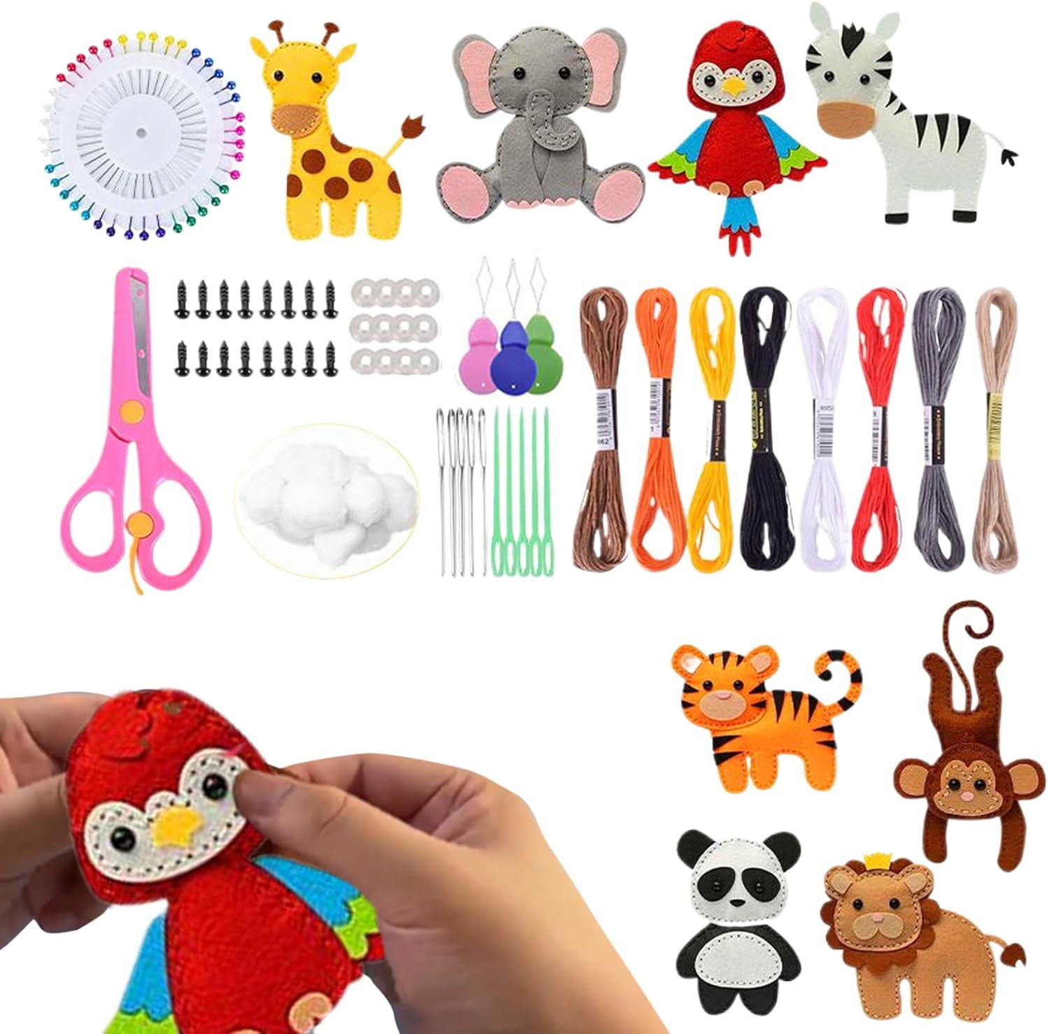 Twiggle Stuff Sewing Kit, Safari Jungle Animals Sewing Craft Kit DIY, Educational Wild Animal Craft Set for Birthday Gift (8-Piece Set)