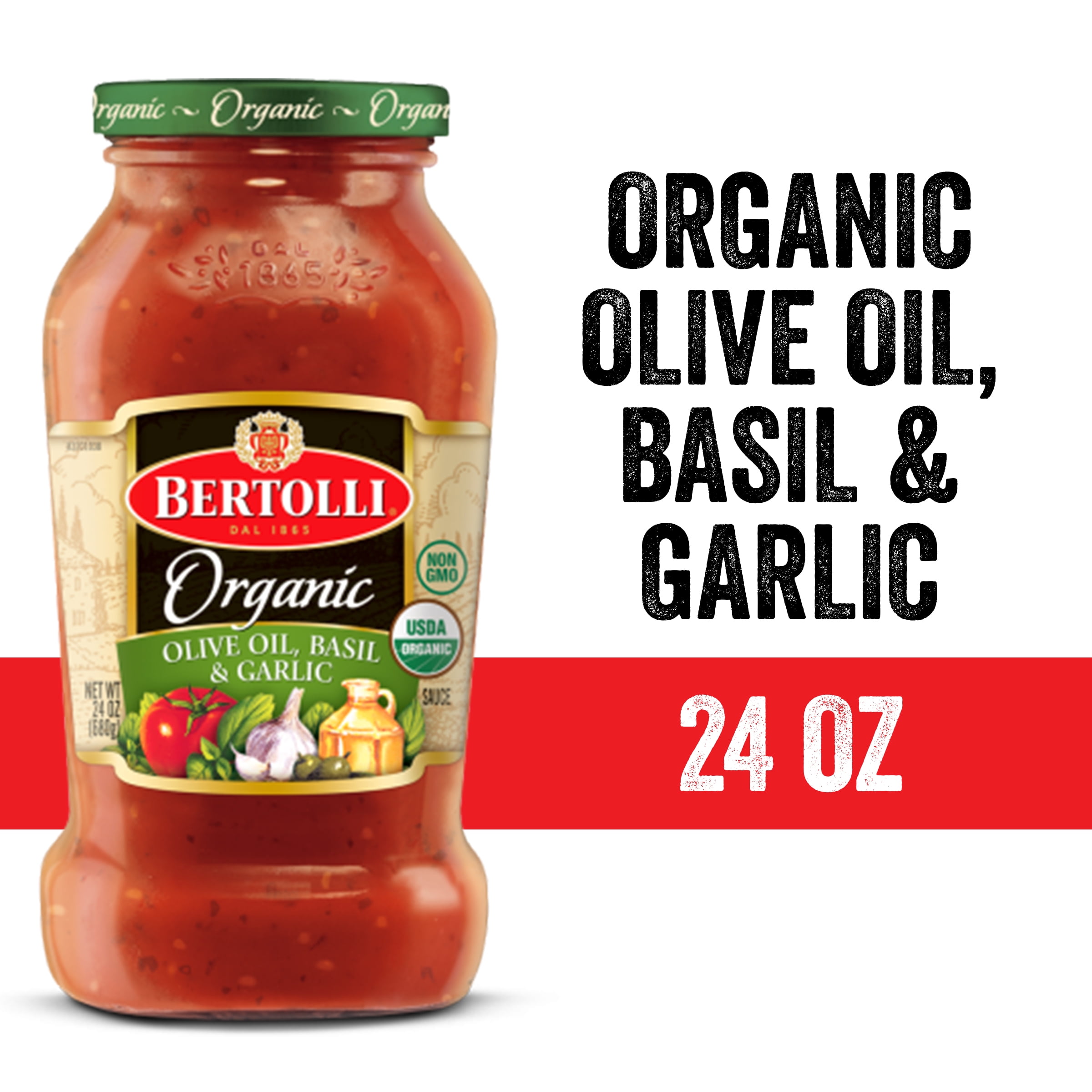 Bertolli Organic Olive Oil, Basil and Garlic Sauce, Authentic Tuscan Style Organic Pasta Sauce Made with Vine-Ripened Tomatoes, 24 OZ