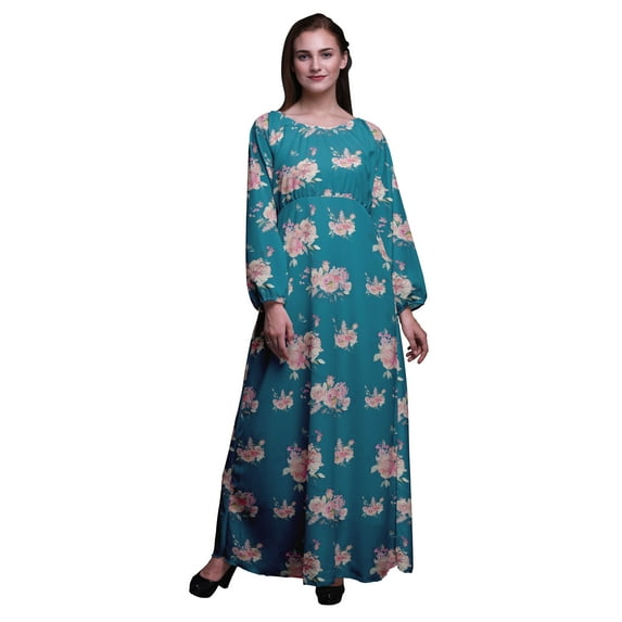 Bimba Polyester Georgette Rose & Ranunculus Floral Printed Women’s Long Sleeve Elastic Waist Maxi Dress Gown-XX-Large Teal Blue