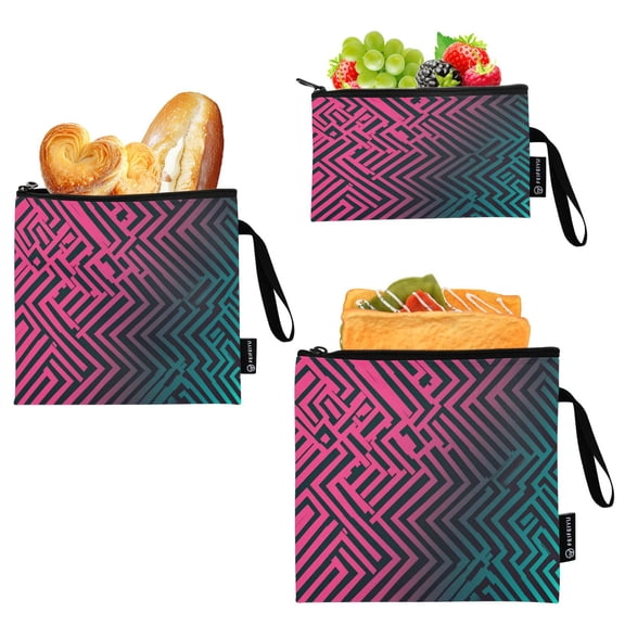 Reusable Food Storage Bags with Eco-Friendly EVA Lining Lunch Bag for Lunch, Travel & Organization Neon Pink and Teal Pattern