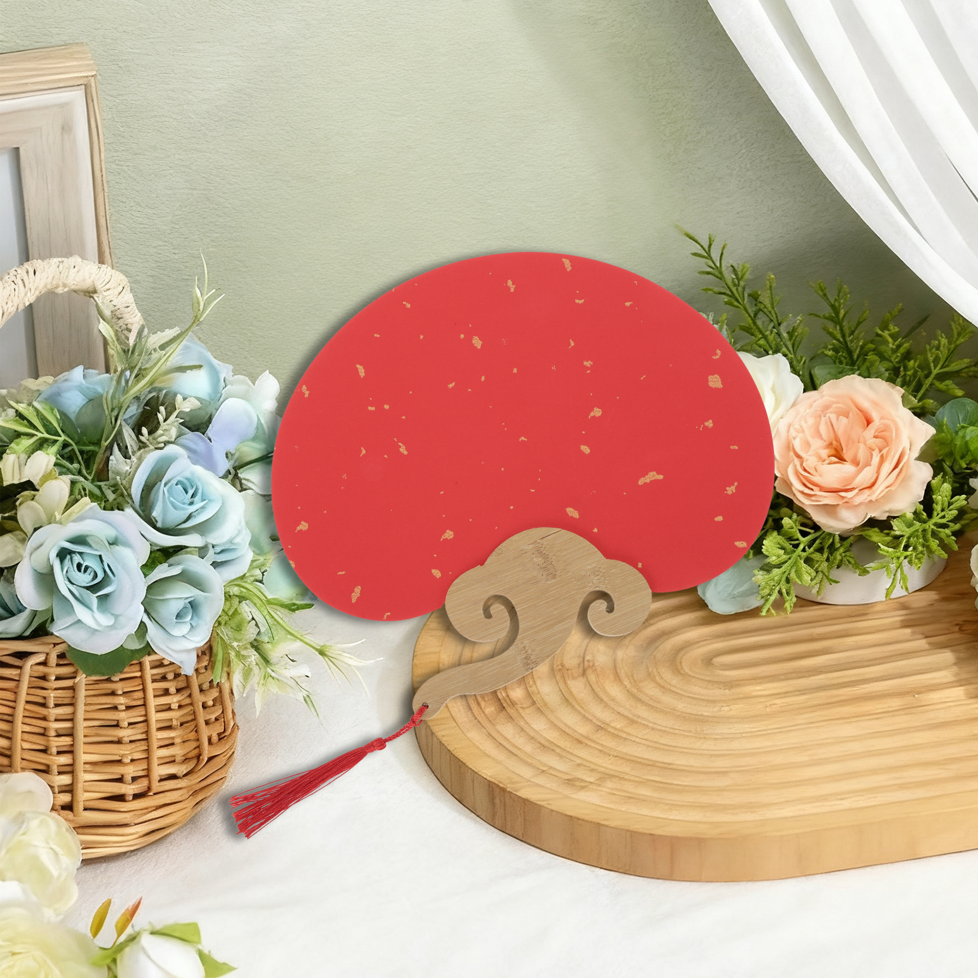 Unique Bargains Folding Fan Red Short Handle Round Ruyi