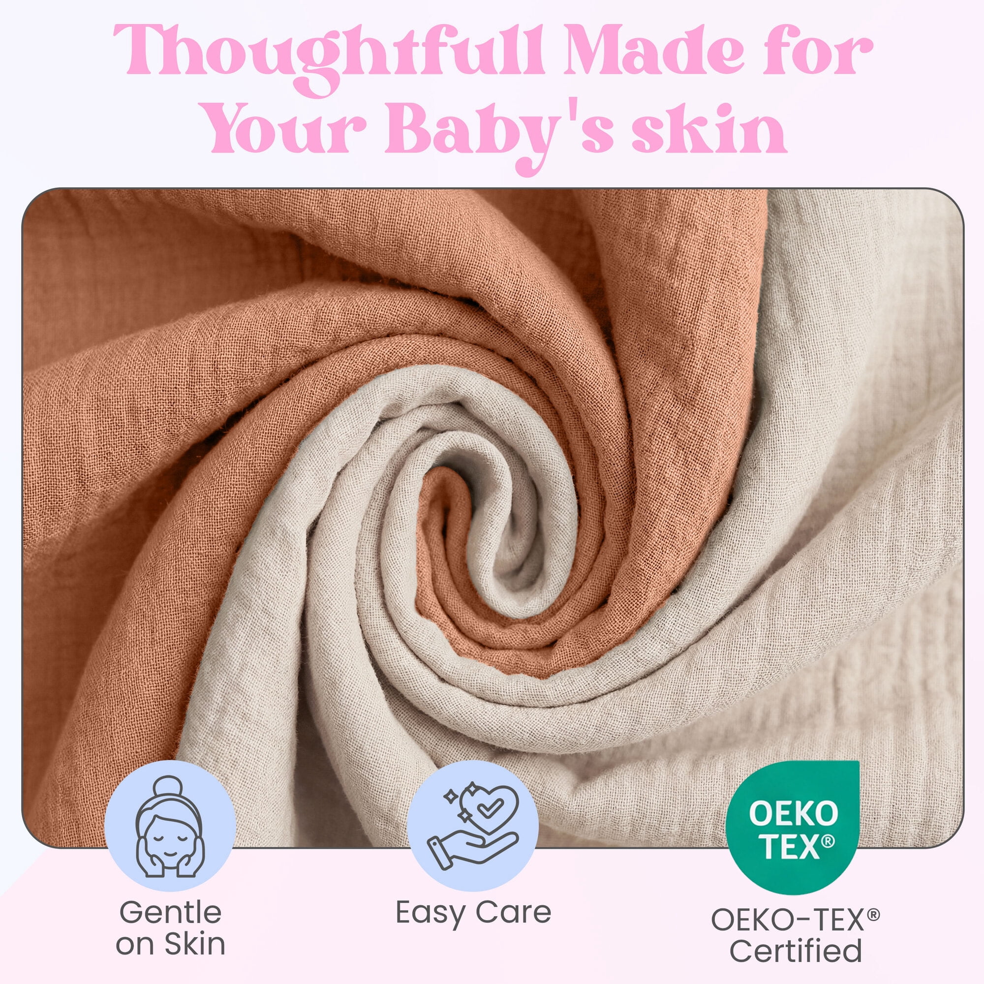 Mère & Moi: Muslin Baby Blanket – 2 Pack, Peach & Cream - 40x36", Double Layer Cotton Swaddle, Lightweight-Breathable, Oeko-TEX, Newborn-Toddler Wrap