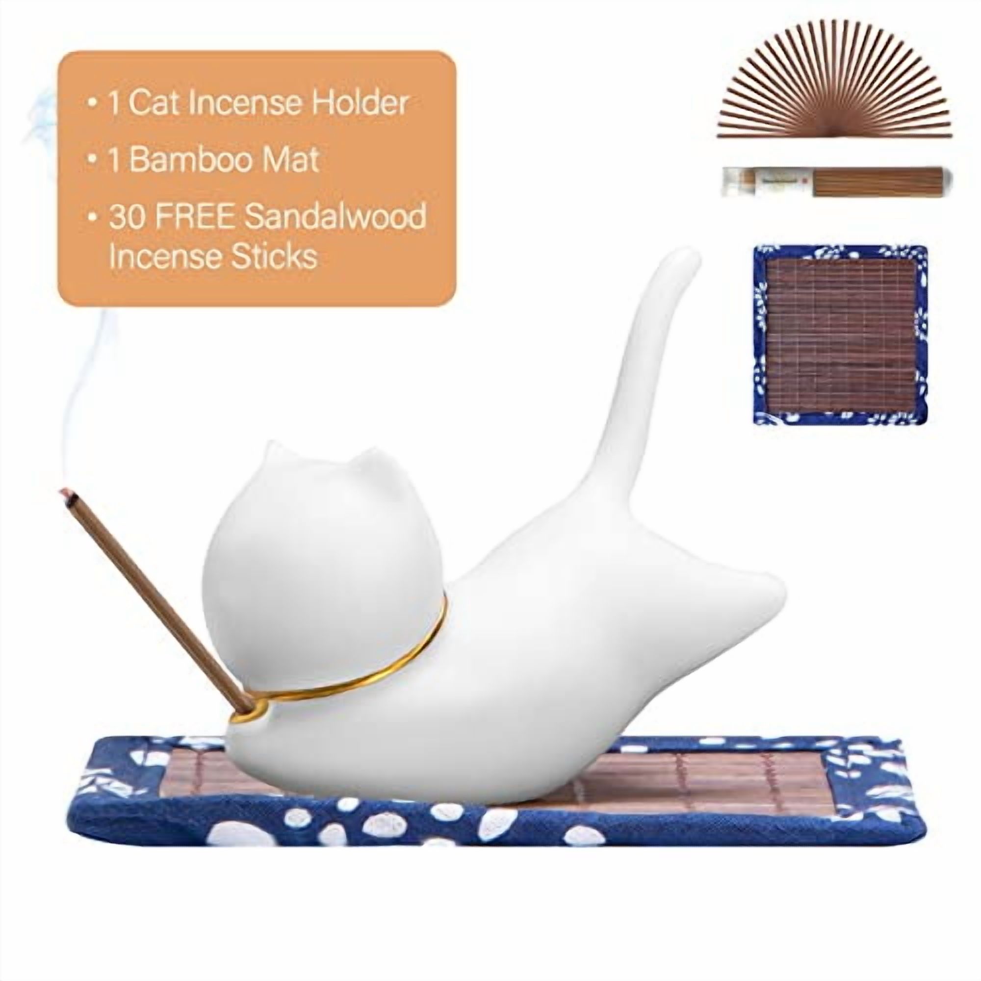 Incense Holder Handmade Ceramic Incense Burner with 30 Sandalwood Insence-Stick Holder with Bamboo Mat, Cute Cat Decor Incense Holder for Sticks for Aromatherapy/Yoga/Meditation/Ho