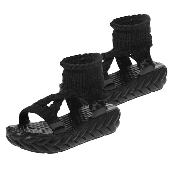 LOLIPPYY 1 Pair Crochet Slippers for Women Black PU Fashionable Sandals for Casual Outfit