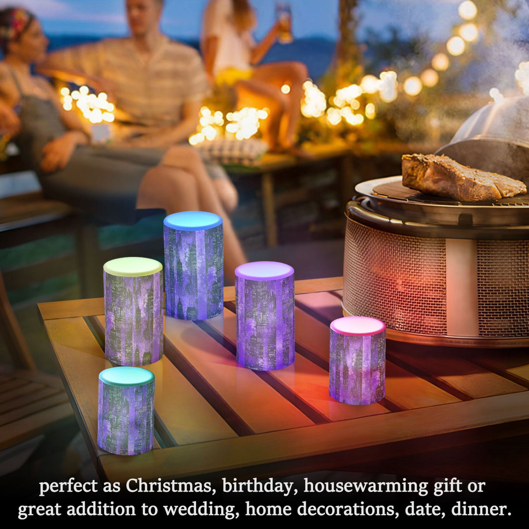 Modern Purple Cityscape Pattern Flameless LED Candle Set with Remote, Battery Operated Color Changing Pillar Candles, Set of 2