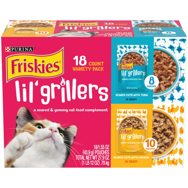 Purina Friskies Lil' Grillers Wet Cat Food Variety Pack, 1.55 oz Pouches (18 Pack)