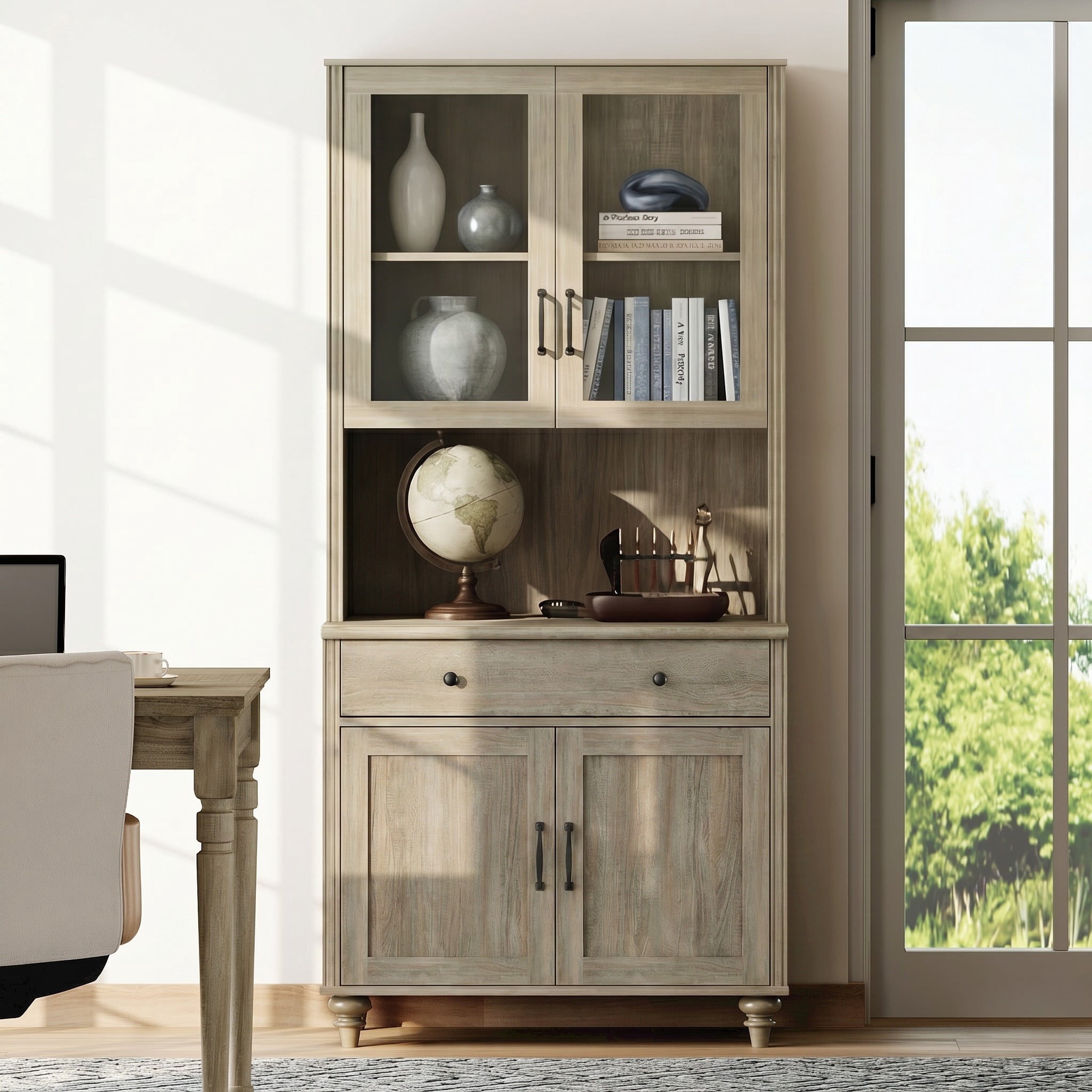 Large Farmhouse Wooden Bookcase with Storage Cabinet, Freestanding Library Bookshelf for Living Room, Office, Study Room & Kitchen, Wash Gray