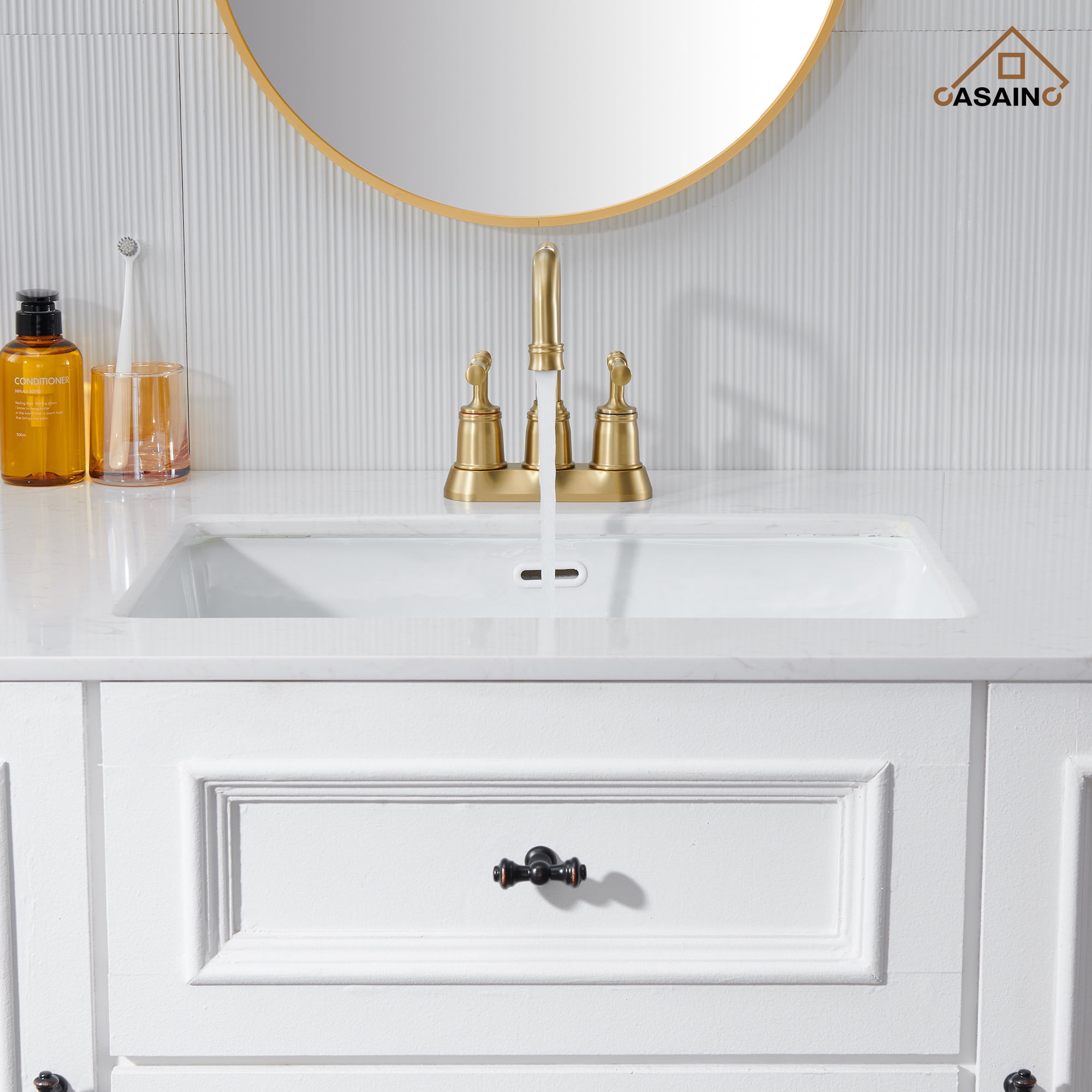 CASAINC 4 in. Centerset Double Handle 2 holes Bathroom Sink Faucet Lavatory Faucet with Stainless steel Drain in Brushed Gold