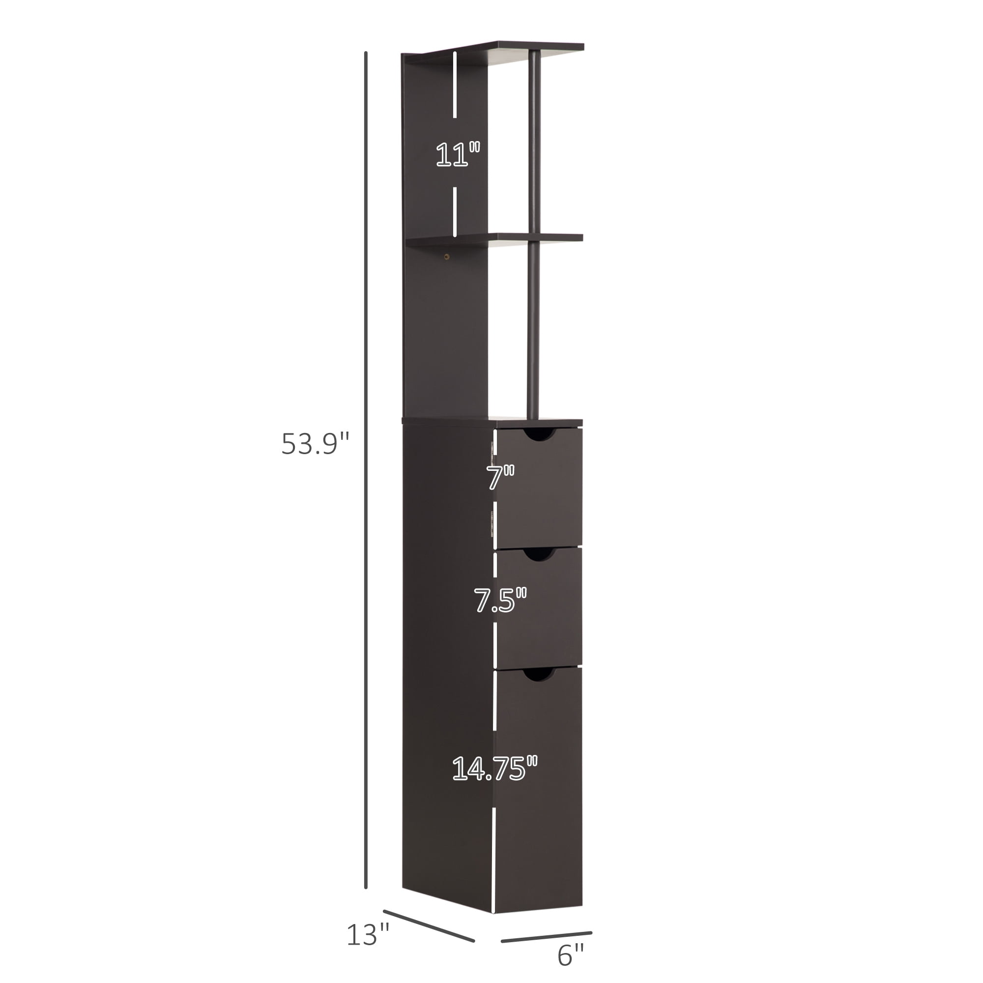 HOQBN 54" Tall Bathroom Storage Cabinet, Freestanding Tower with 2-Tier Shelf and Drawers, Narrow Side Floor Organizer, Brown