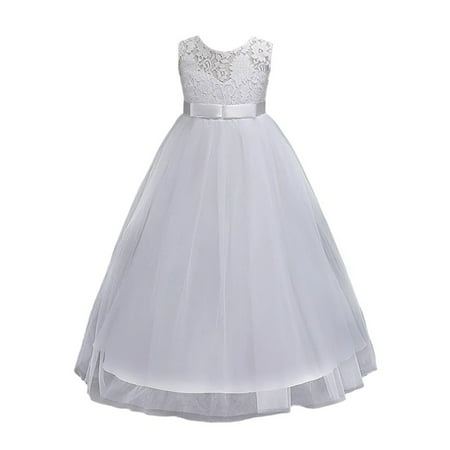 

XBASW Big Kids Girls Lace Long Princess Dresses Toddler Formal Wedding Party Pageant Ball Gowns First Communion Puffy Tulle Dress for 3-14 Years