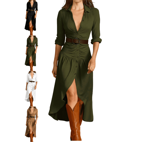 Mifsaly Plus Size Shirt Dresses for Women Asymmetrical Hem Button Down Maxi Dress Western Cowboy Style High Split Vintage Gowns Work Travel Fashion Spring Fall Clothes S