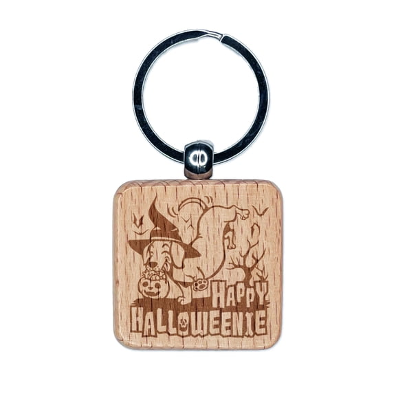 Happy Halloweenie Dachshund Weiner Dog Halloween Square Keychain Charm Tag - Engraved Wood