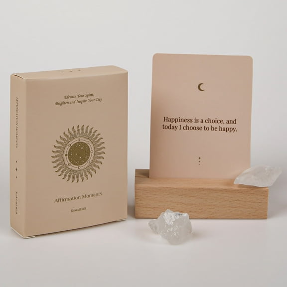 Affirmation Moments Positive Affirmation Cards, 53 Daily Motivational Cards W/ Wooden Display Stand & Crystals, Boost Inner Confidence, Achieve Goals, Mindfulness Inspirational Cards, Self-Care