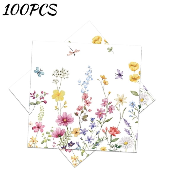 100 PCS 6.5×6.5inch Spring Floral Guests Napkins Disposable Wildflower Dinner Napkins 3-Ply Spring Flower Butterfly Hand Paper Napkin for Wedding Bridal Birthday Tea Party Supplies