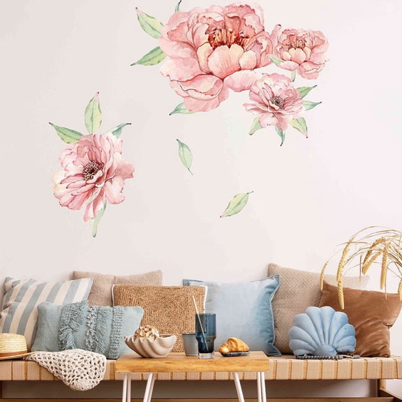 Watercolor flower wall stickers, pink peony flower stickers, peony flower wall stickers, plant flower wall stickers Transparent decal Peel and Stick Removable Wall Stickers for Living Room Bedroom TV