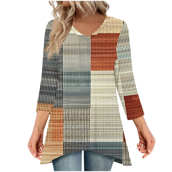 wdsxpo Women's 3/4 Sleeve Shirts Trendy Printed Lightweight V Neck High-Low Hem Tunic Shirts Casual Fall Fashion Blouses Outfits