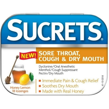 Sucrets Sore Throat, Cough & Dry Mouth Lozenges, Honey Lemon 18 ea (Pack of 4)