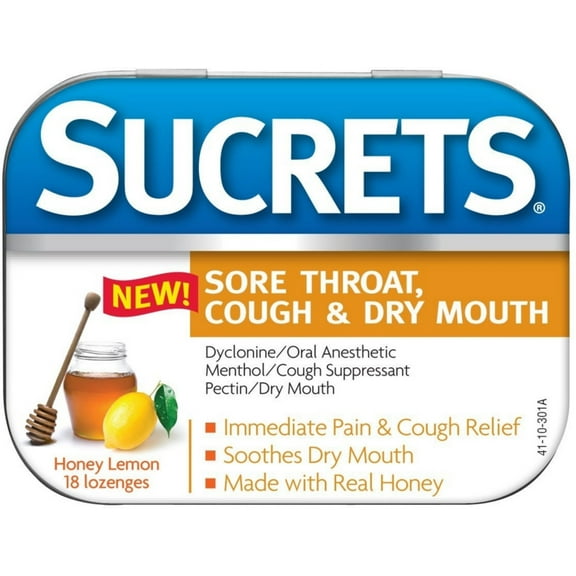 Sucrets Sore Throat, Cough & Dry Mouth Lozenges, Honey Lemon 18 ea (Pack of 2)