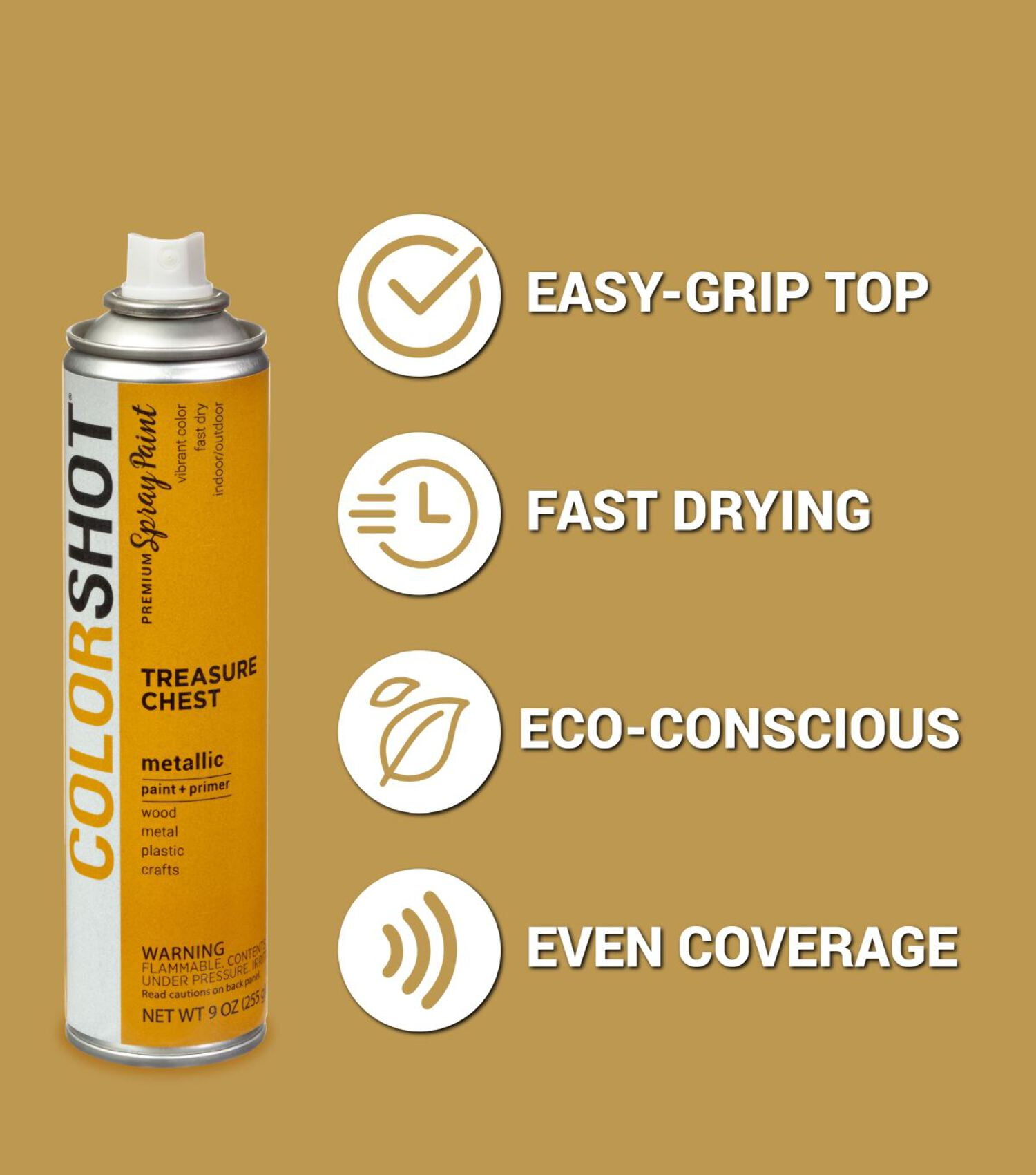 COLORSHOT Metallic Treasure Chest (Dark Gold) 9 oz. 4 Pack, Fast-Drying Acrylic Paint, Indoor & Outdoor Use