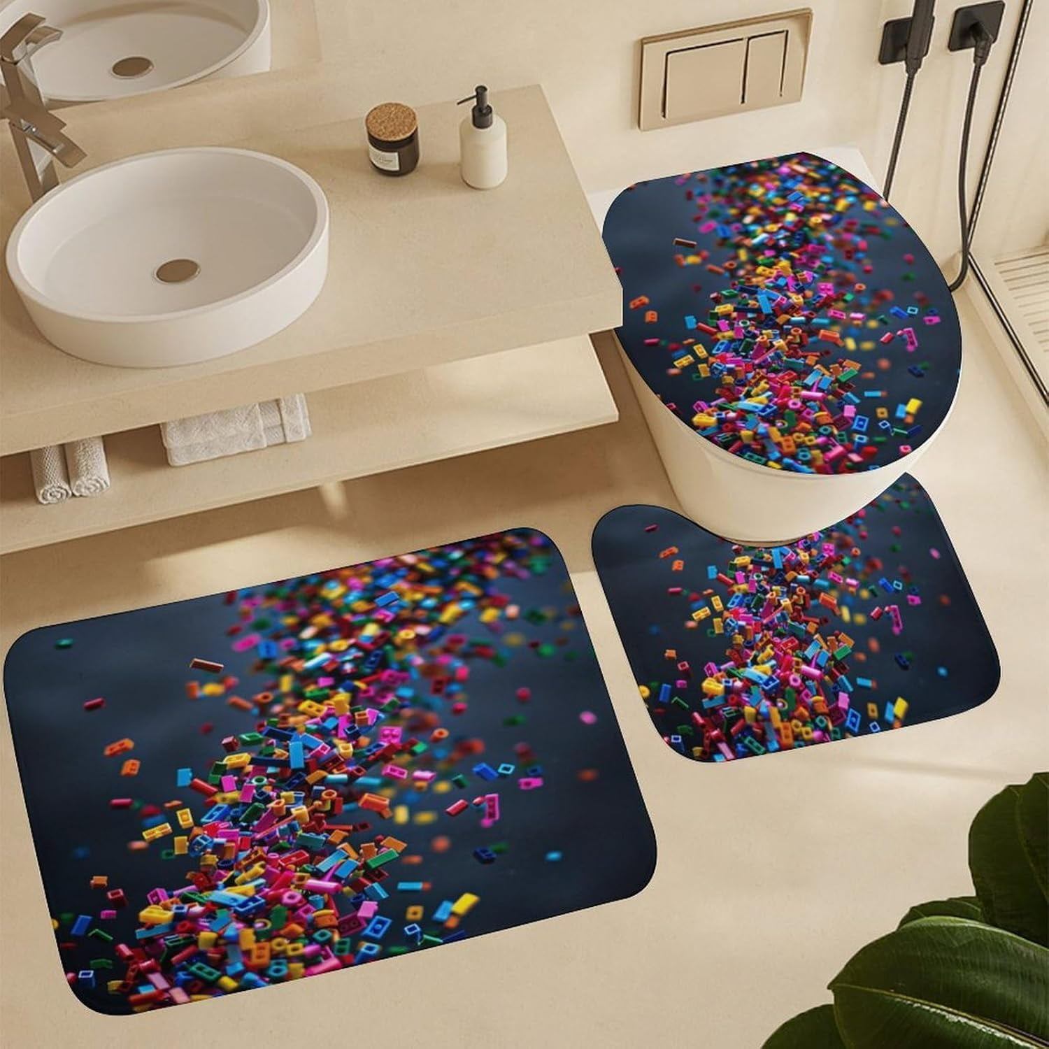 4Pcs Colorful Building Block Brick Shower Curtain Sets with Rugs, Toilet Lid Cover and Bath Mat, Geometric Bathroom Shower Curtains Set with 12 Hooks